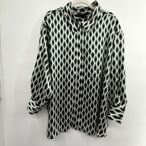 Lane Bryant 22/24 Geometric‎ Satin Button Down Blouse Black Green Plus Size Top